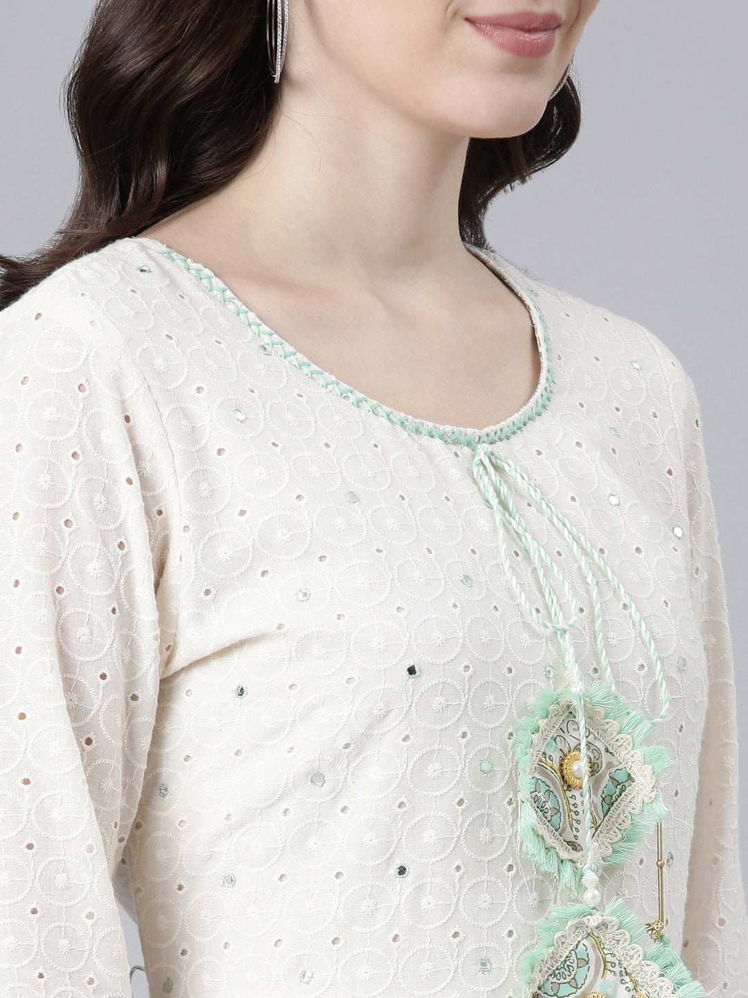 Neerus Green cotton printed kurta set with trouser and dupatta - detail view 1