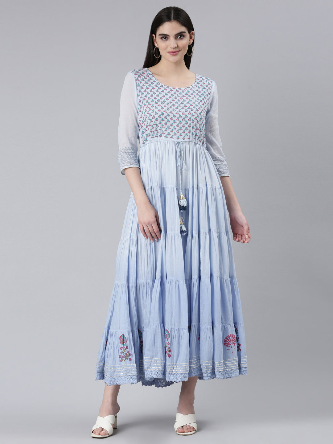 Neerus Blue cotton printed flared dress - front view