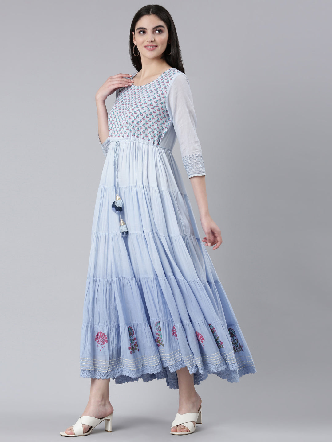 Neerus Blue cotton printed flared dress - back view