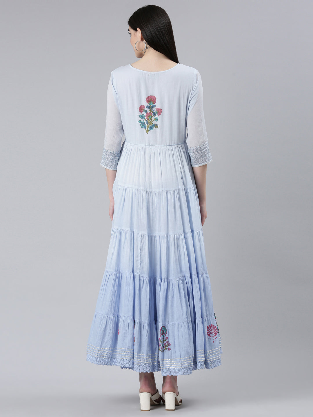 Neerus Blue cotton printed flared dress - side view