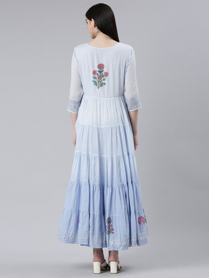 Neerus Blue cotton printed flared dress - side view