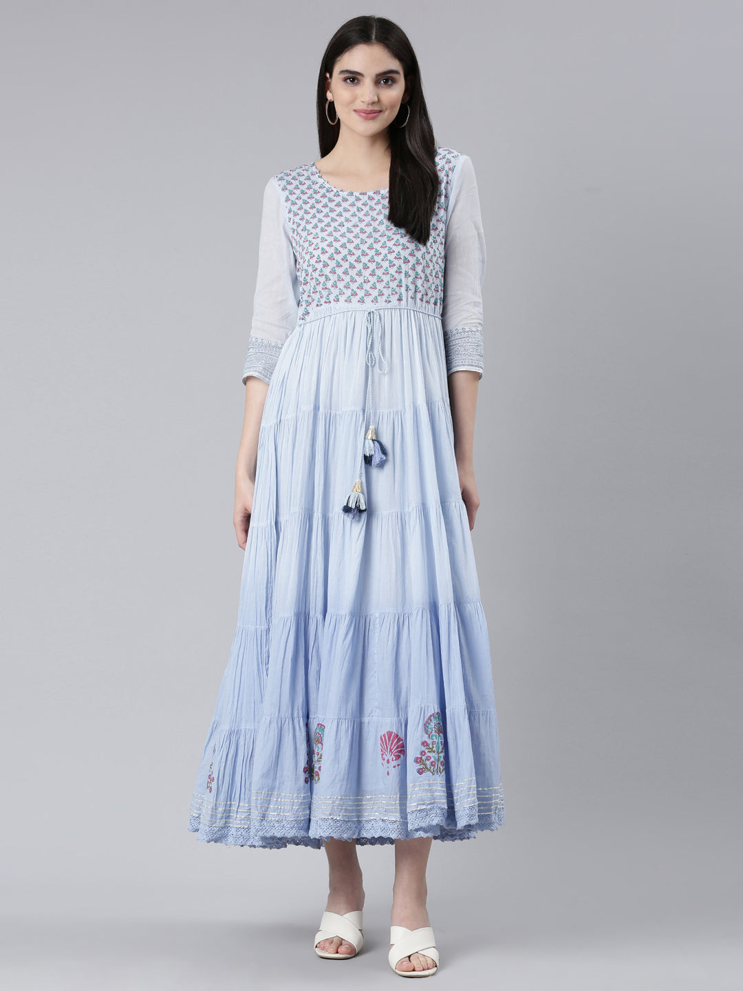 Neerus Blue cotton printed flared dress - detail view 2