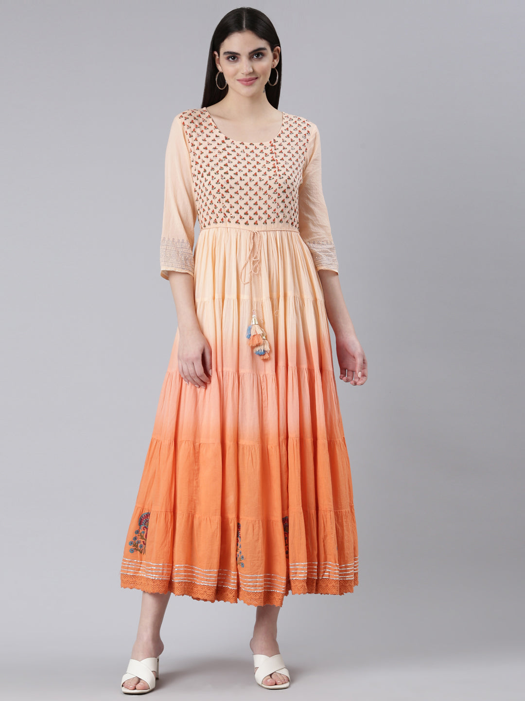 Neerus Orange cotton printed flared dress - front view