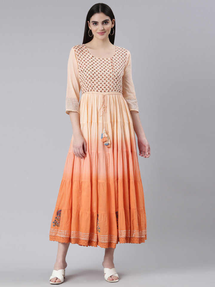Neerus Orange cotton printed flared dress - front view