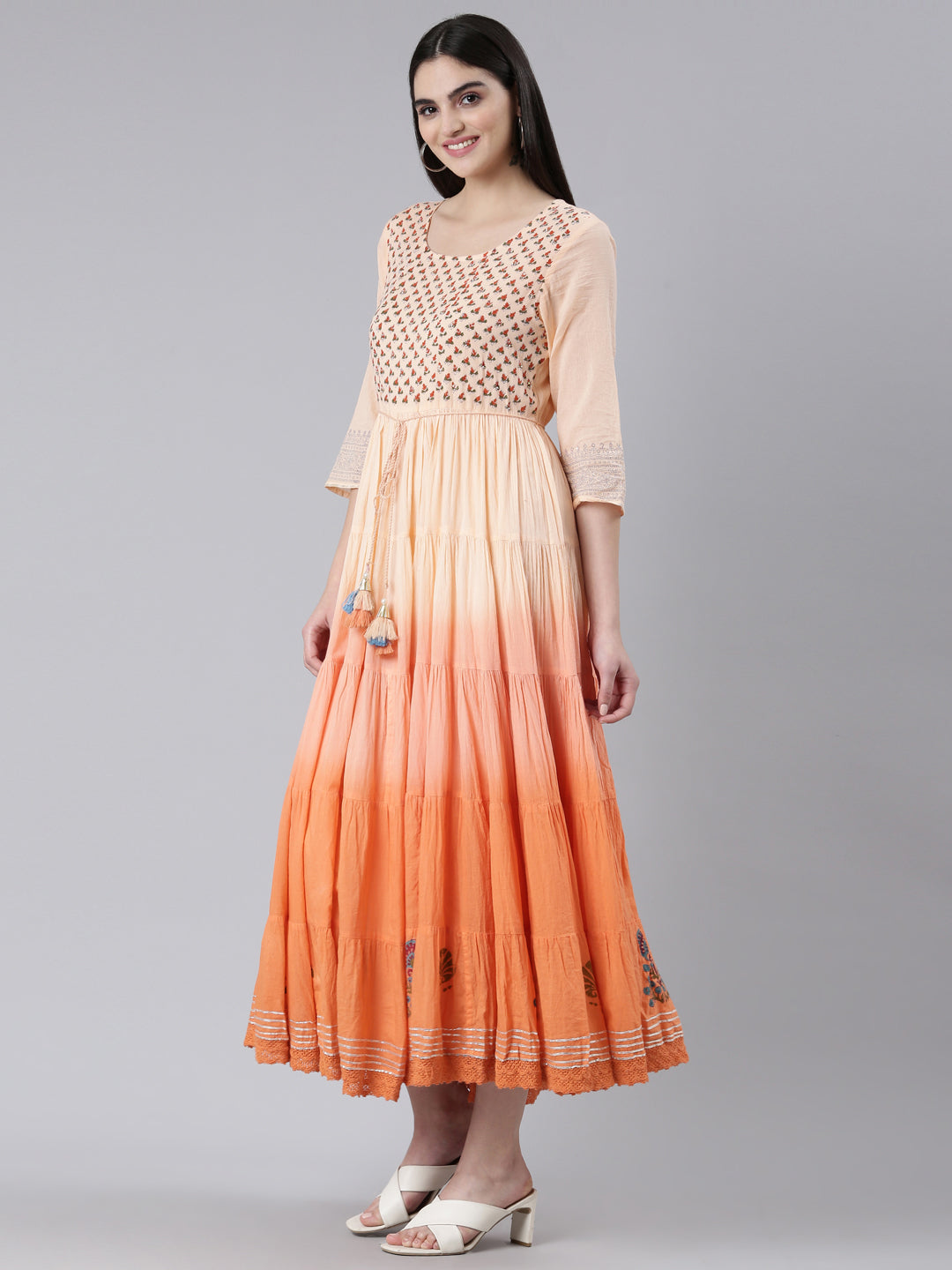 Neerus Orange cotton printed flared dress - back view
