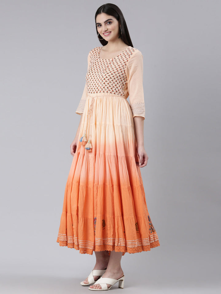Neerus Orange cotton printed flared dress - back view