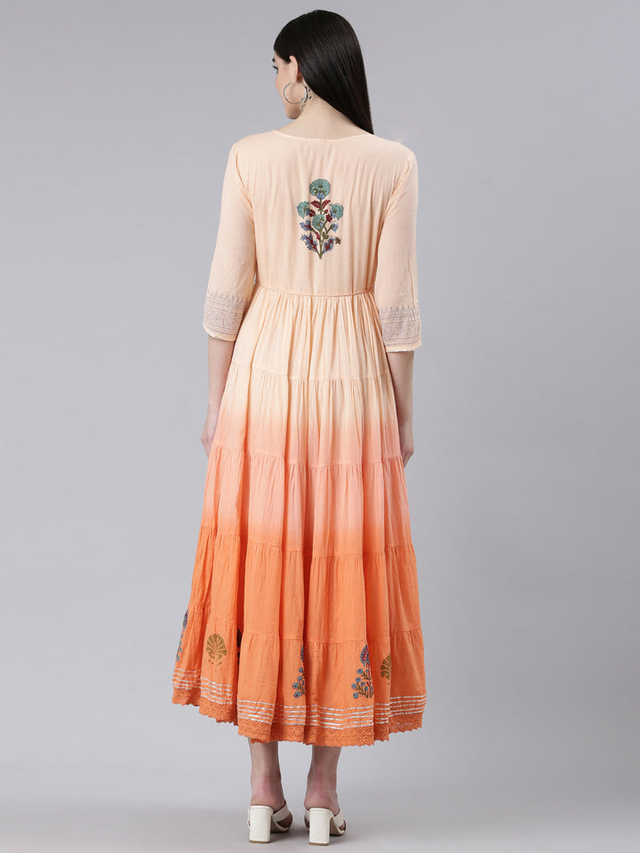 Neerus Orange cotton printed flared dress - side view