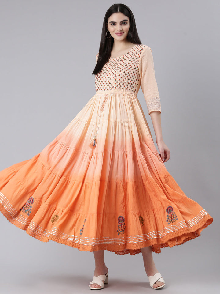 Neerus Orange cotton printed flared dress - detail view 2