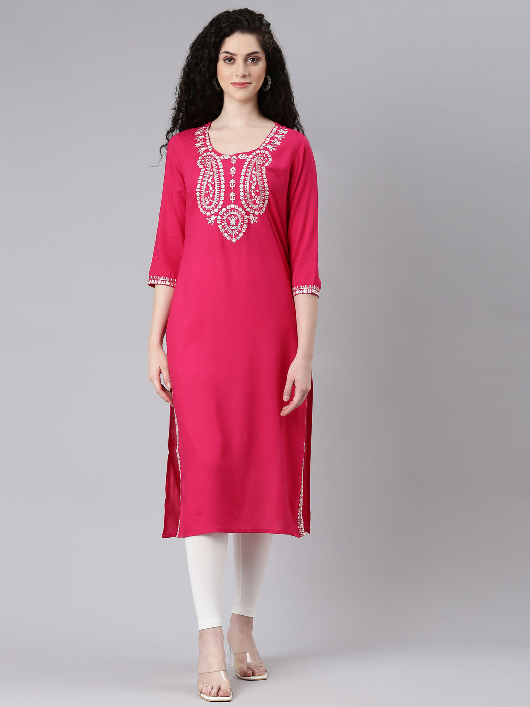 Neerus Pink solid straight kurta - front view
