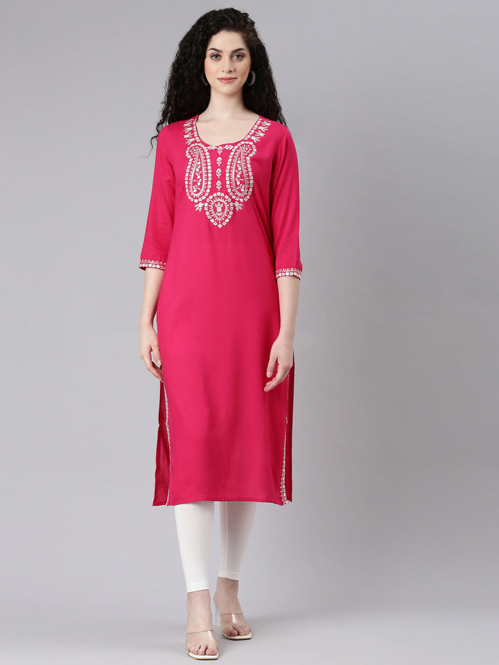 Neerus Pink solid straight kurta - front view