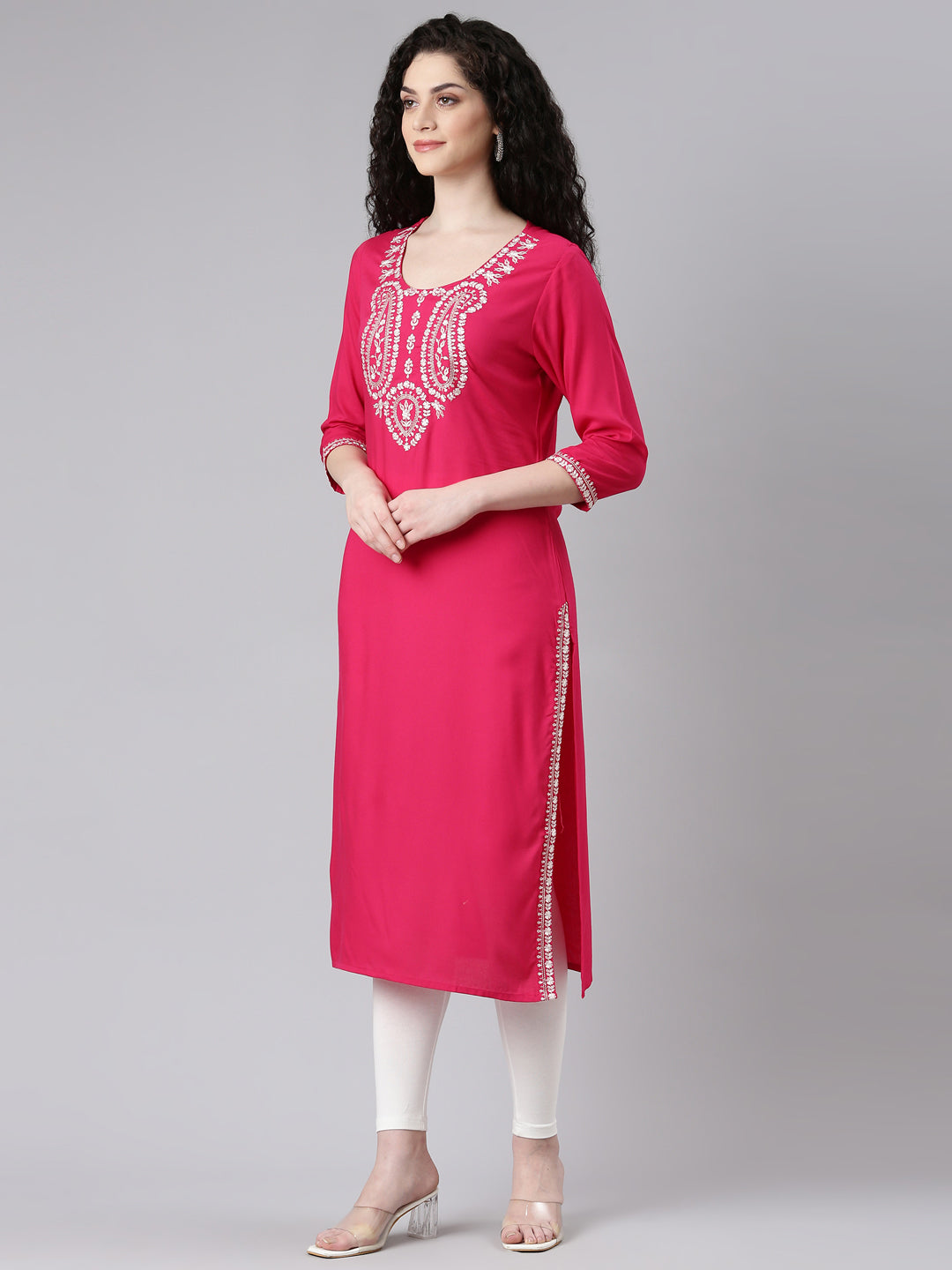 Neerus Pink solid straight kurta - back view