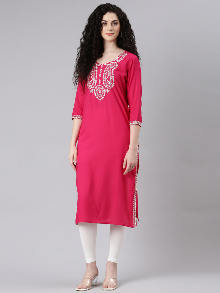 Neerus Pink solid straight kurta - detail view 2