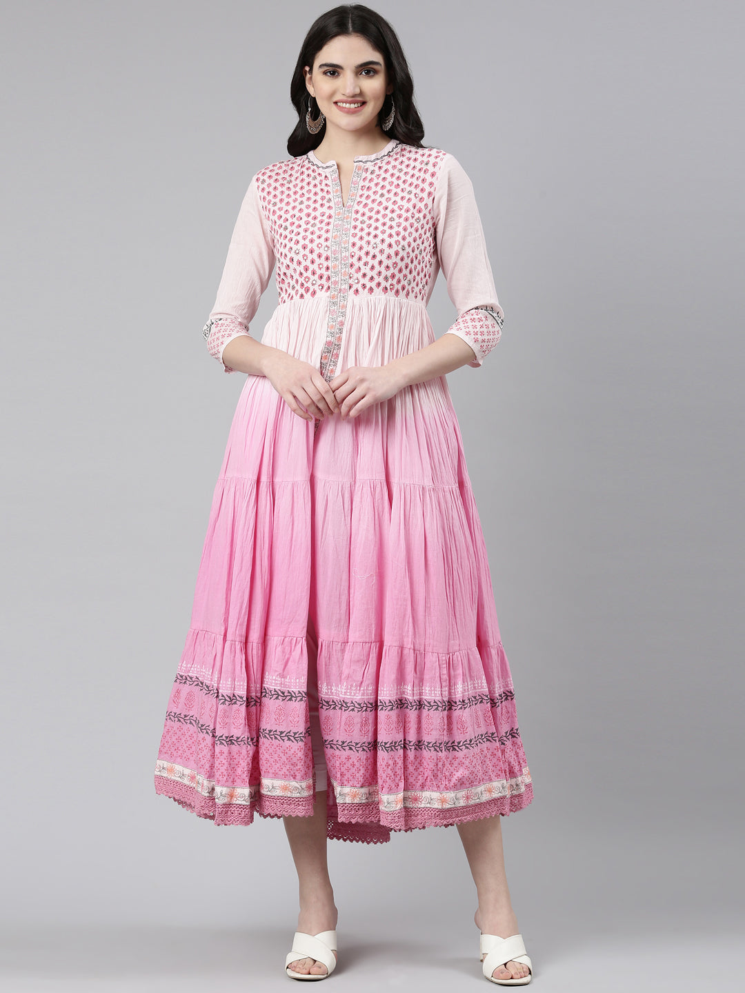 Neerus Pink printed flared dress - front view