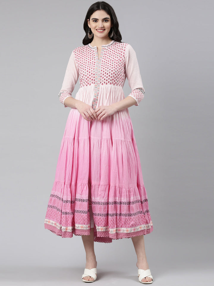 Neerus Pink printed flared dress - front view