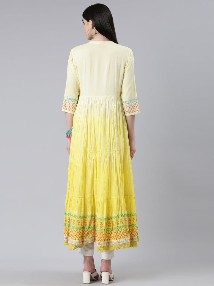 Neerus Yellow cotton printed flared kurti - side view