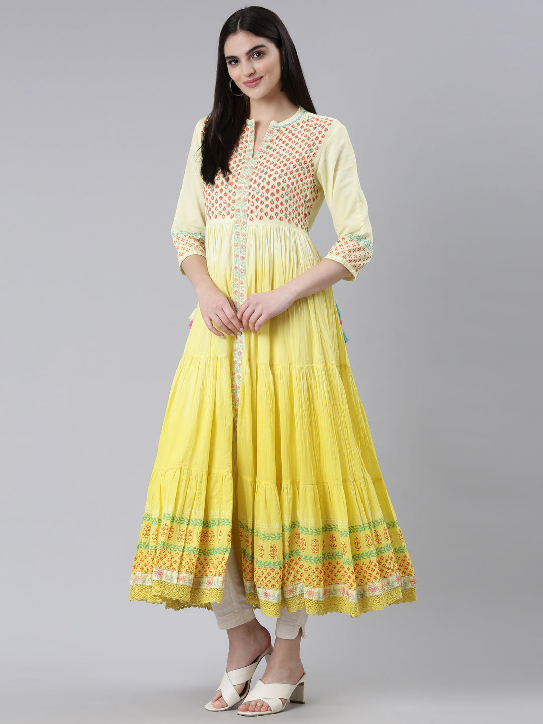Neerus Yellow cotton printed flared kurti - detail view 2
