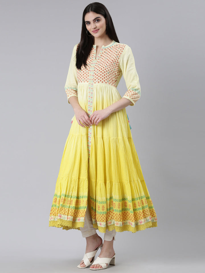 Neerus Yellow cotton printed flared kurti - detail view 2