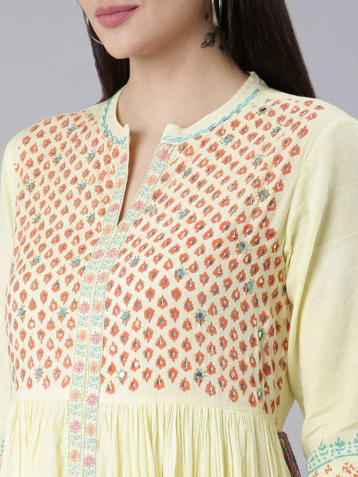 Neerus Yellow cotton printed flared kurti - detail view 1