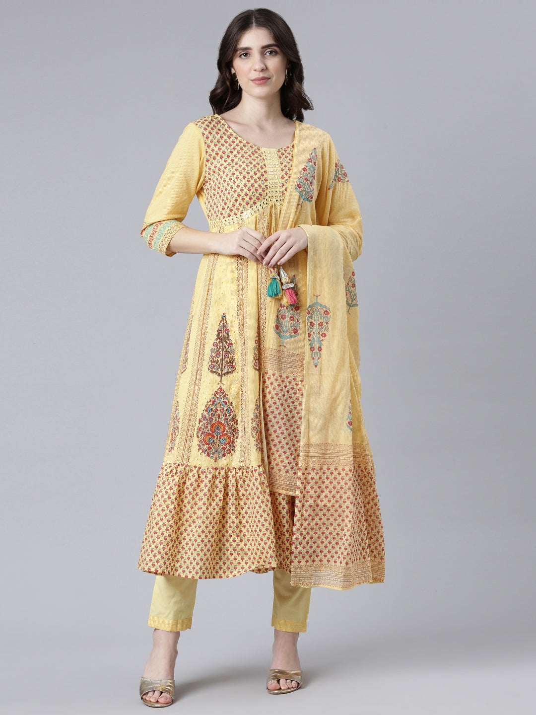 Neerus Yellow cotton printed kurta set with trouser and dupatta - front view