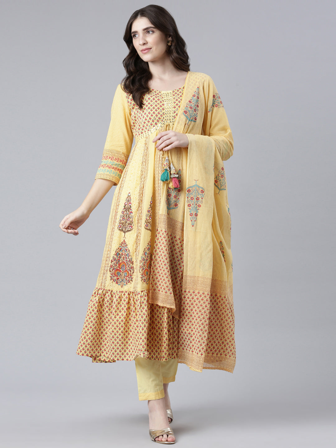 Neerus Yellow cotton printed kurta set with trouser and dupatta - detail view 2