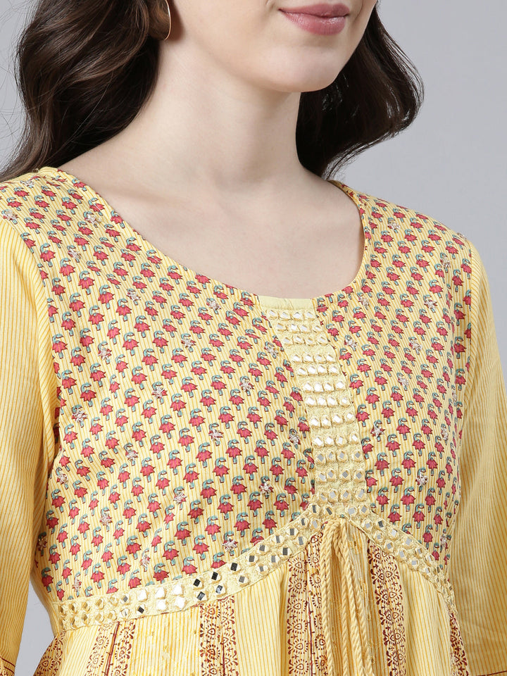 Neerus Yellow cotton printed kurta set with trouser and dupatta - detail view 1