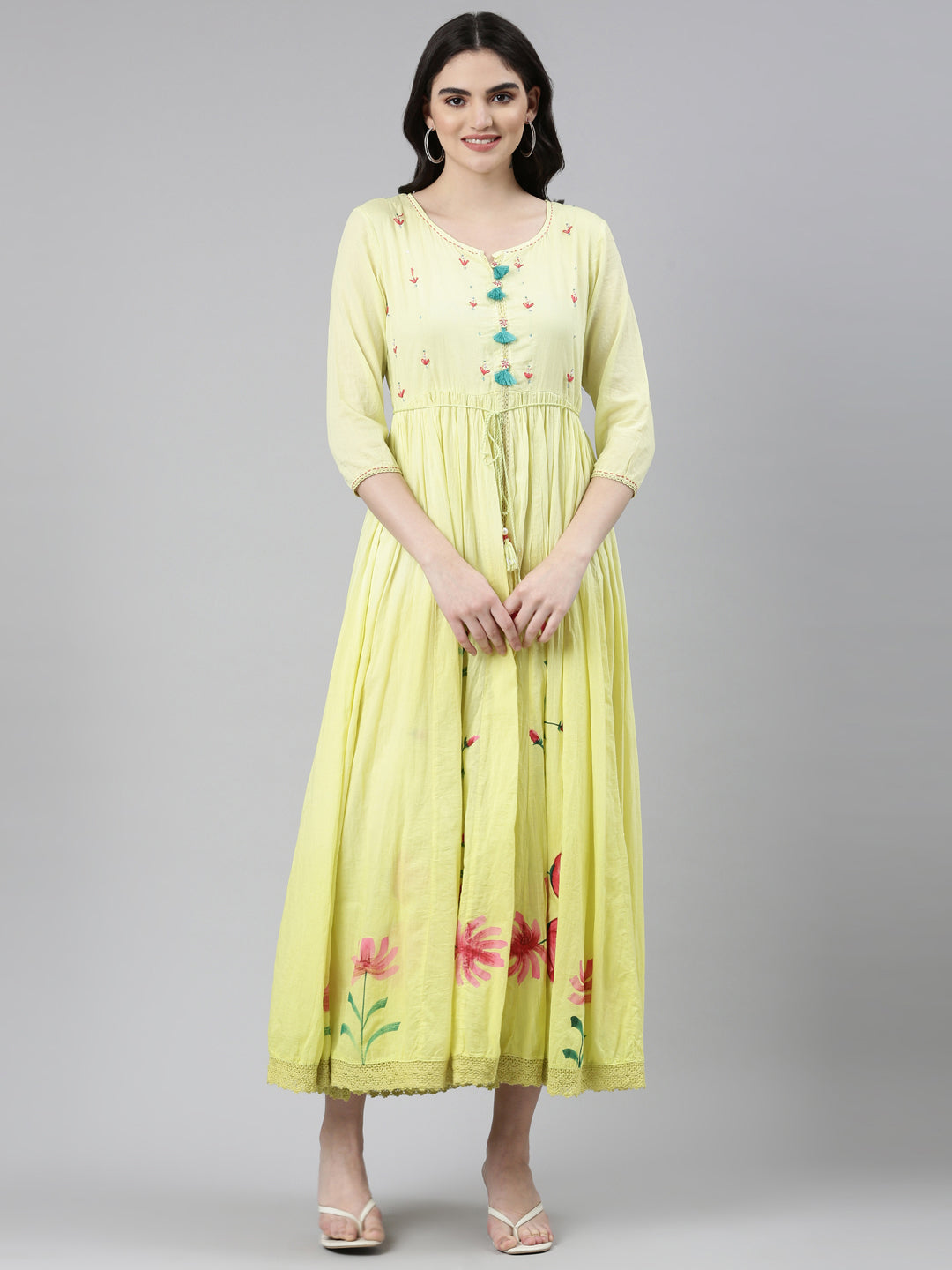 Neerus Yellow printed straight dress - front view