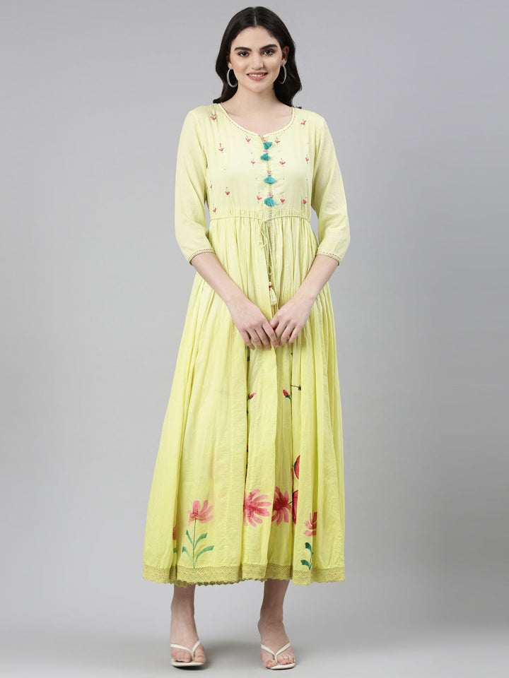 Neerus Yellow printed straight dress - front view