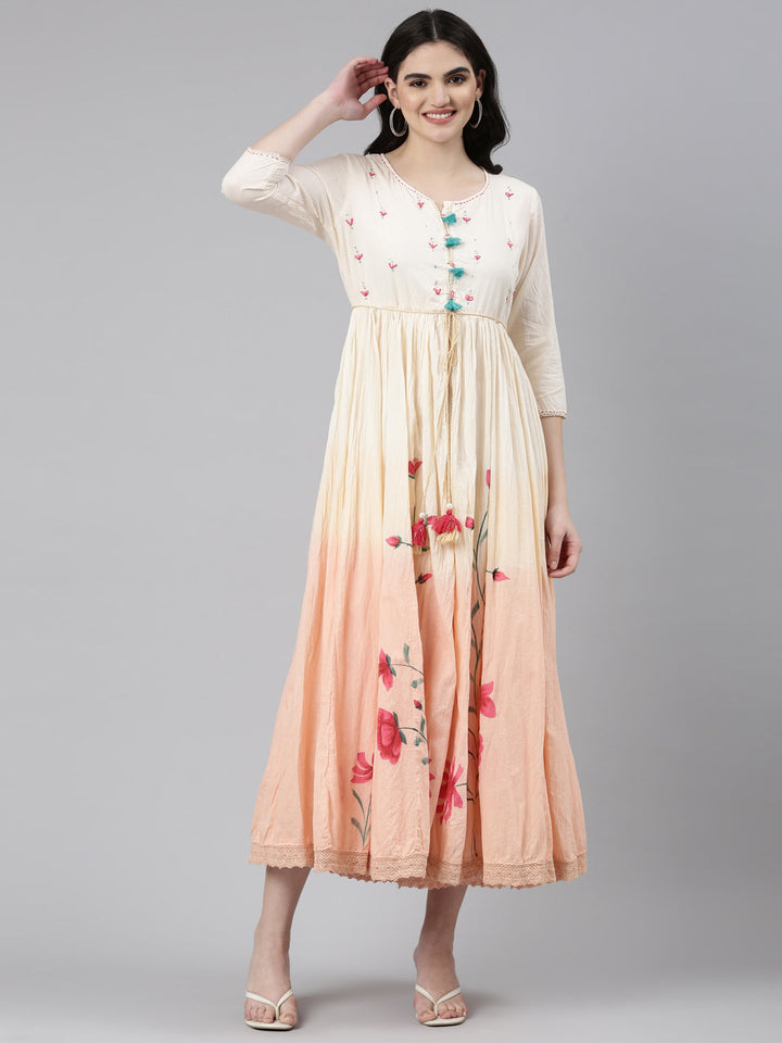 Neerus Orange printed straight casual gown - front view