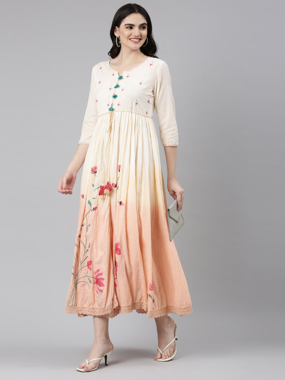 Neerus Orange printed straight casual gown - detail view 2