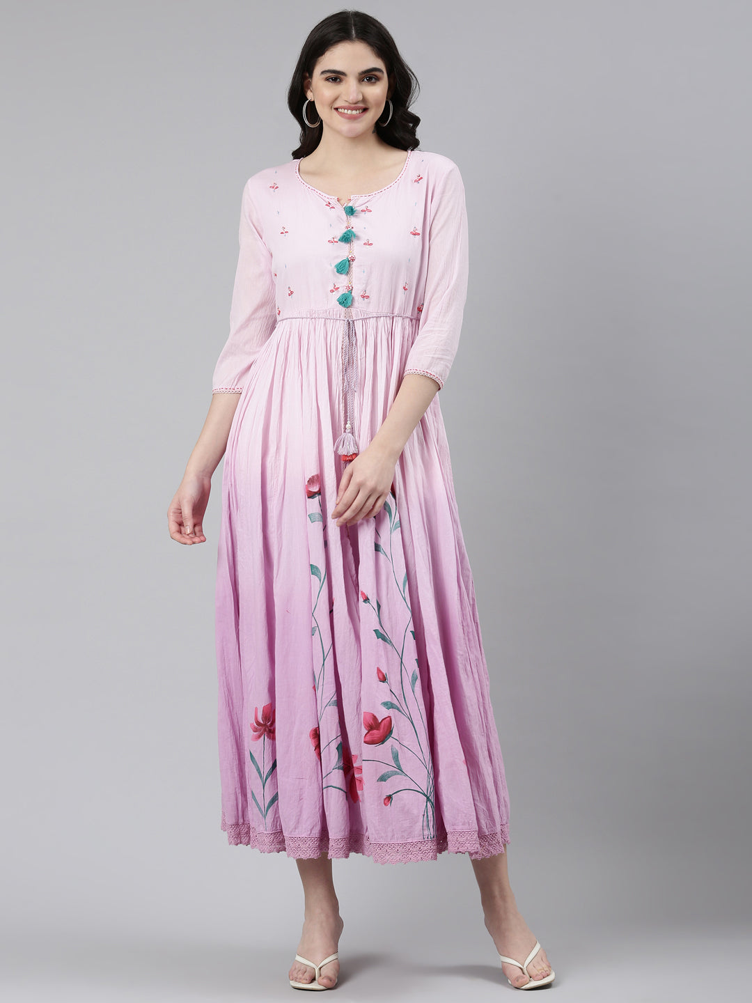 Neerus Purple cotton printed straight gown - front view