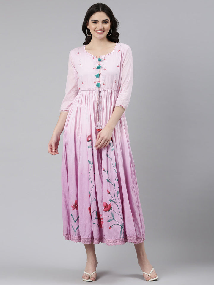 Neerus Purple cotton printed straight gown - front view