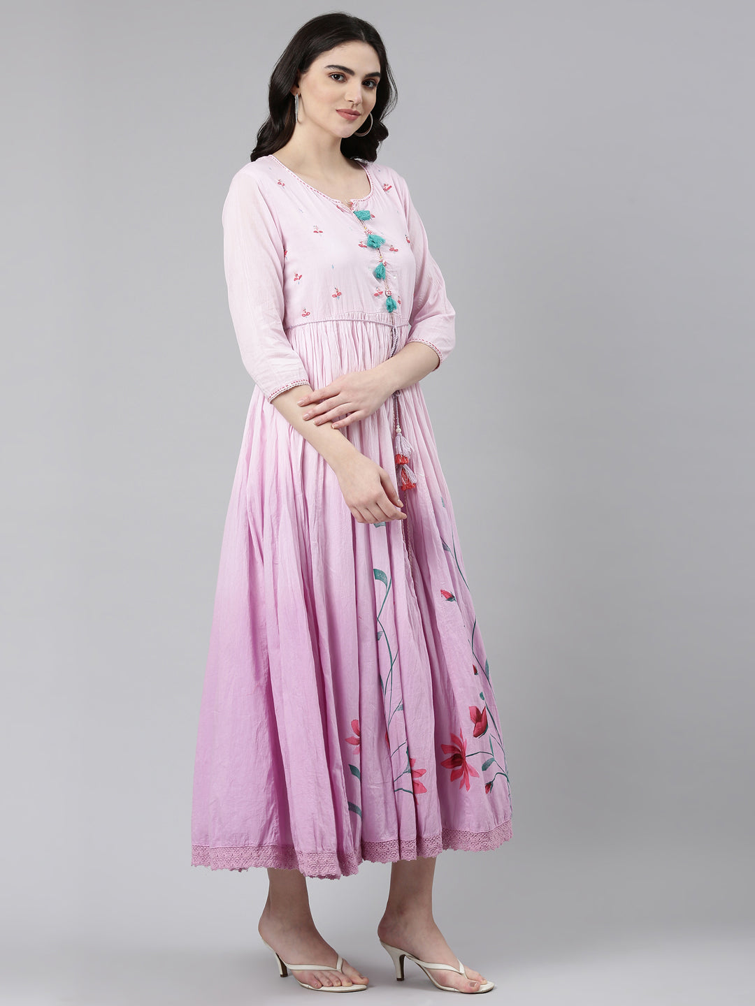Neerus Purple cotton printed straight gown - back view