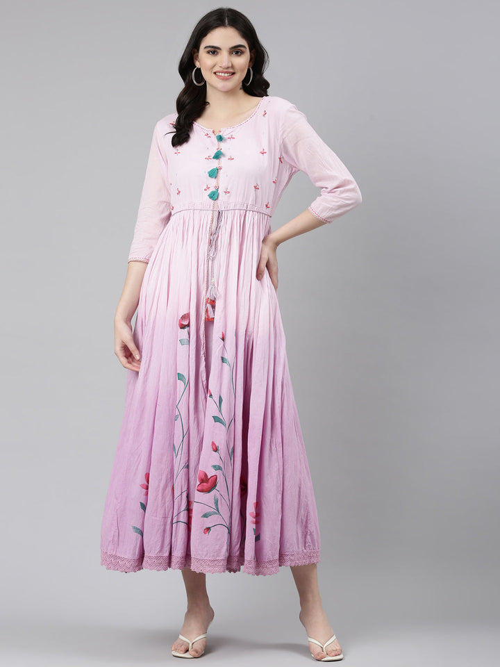 Neerus Purple cotton printed straight gown - detail view 2