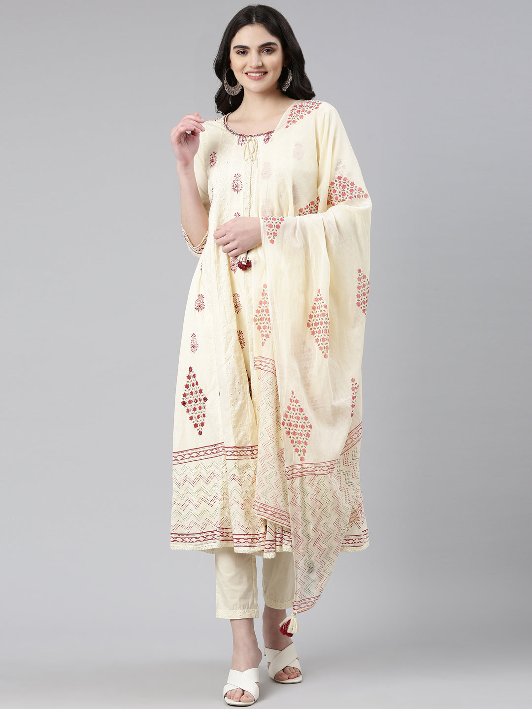 Neerus Beige cotton printed anarkali kurta set - front view