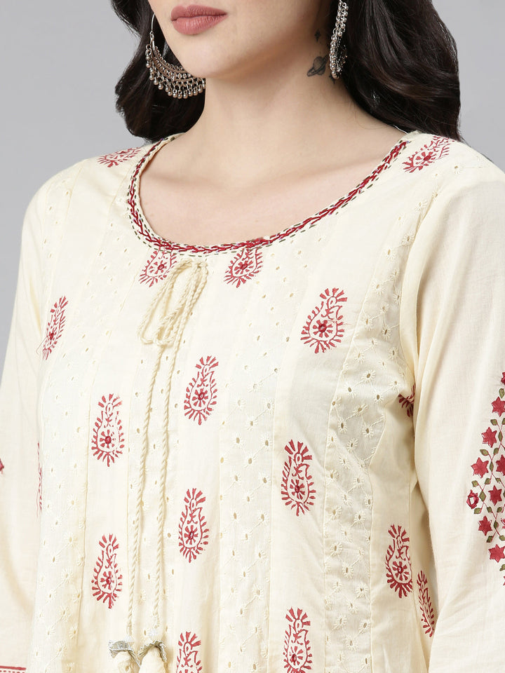 Neerus Beige cotton printed anarkali kurta set - detail view 1