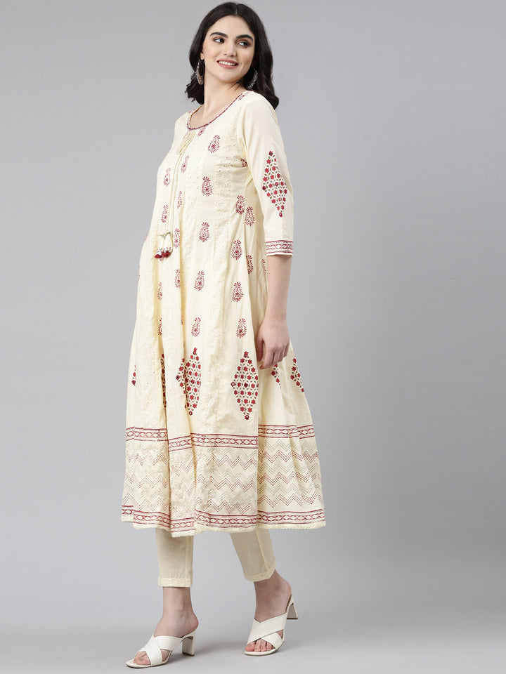 Neerus Beige cotton printed anarkali kurta set - back view