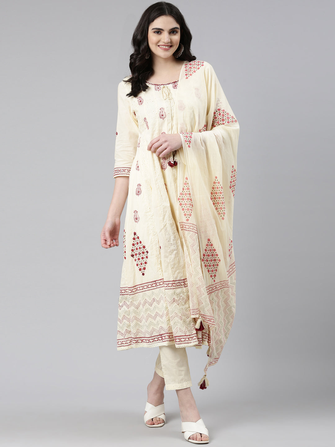 Neerus Beige cotton printed anarkali kurta set - detail view 2