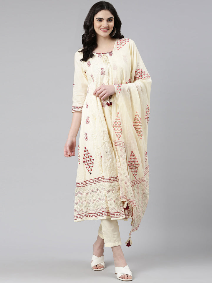 Neerus Beige cotton printed anarkali kurta set - detail view 2
