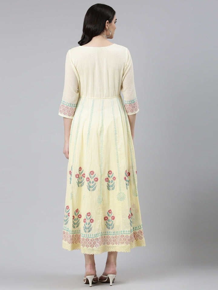 Neerus Yellow Straight Casual Printed Dress