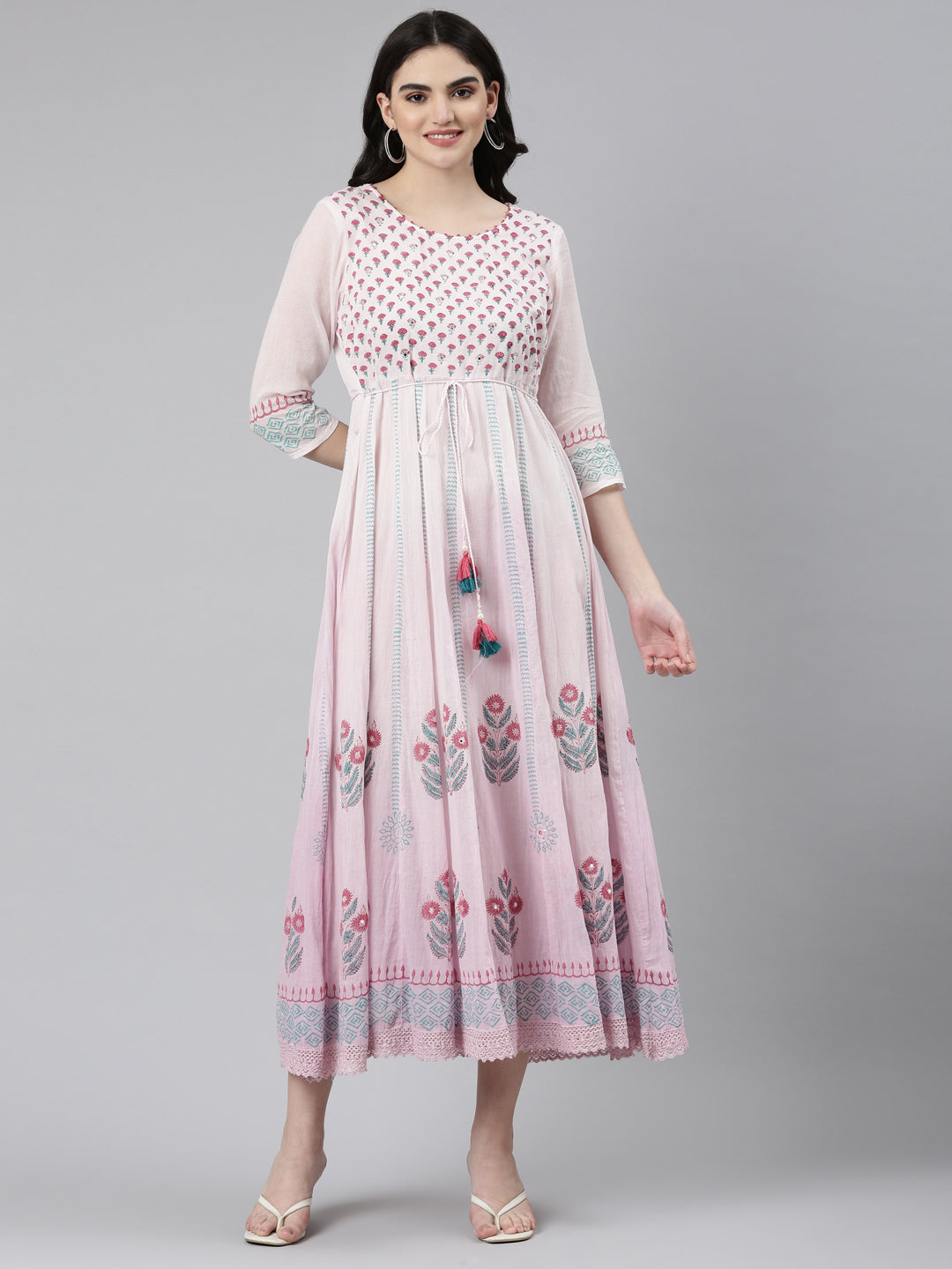Neerus Purple cotton printed straight dress - front view
