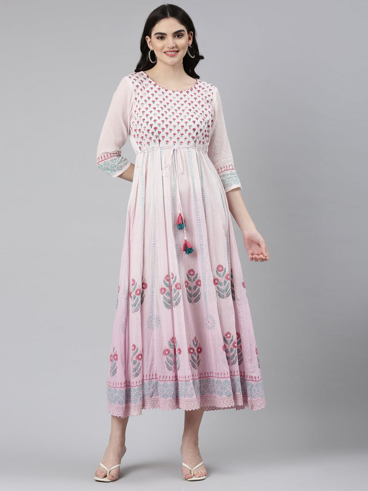 Neerus Purple cotton printed straight dress - front view