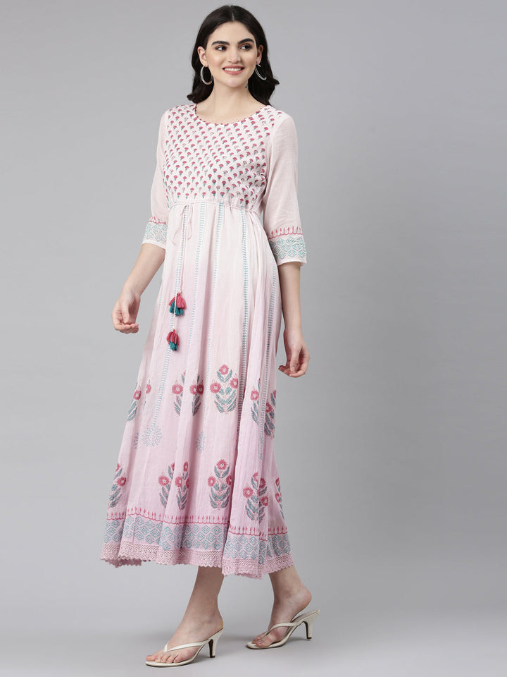 Neerus Purple cotton printed straight dress - back view