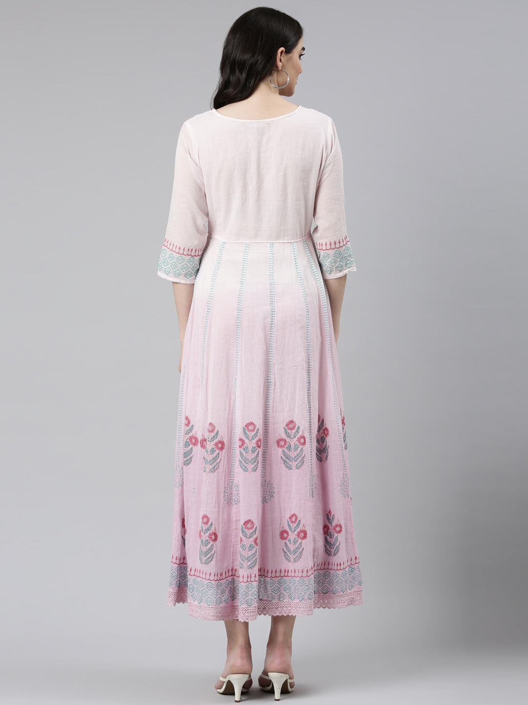 Neerus Purple cotton printed straight dress - side view