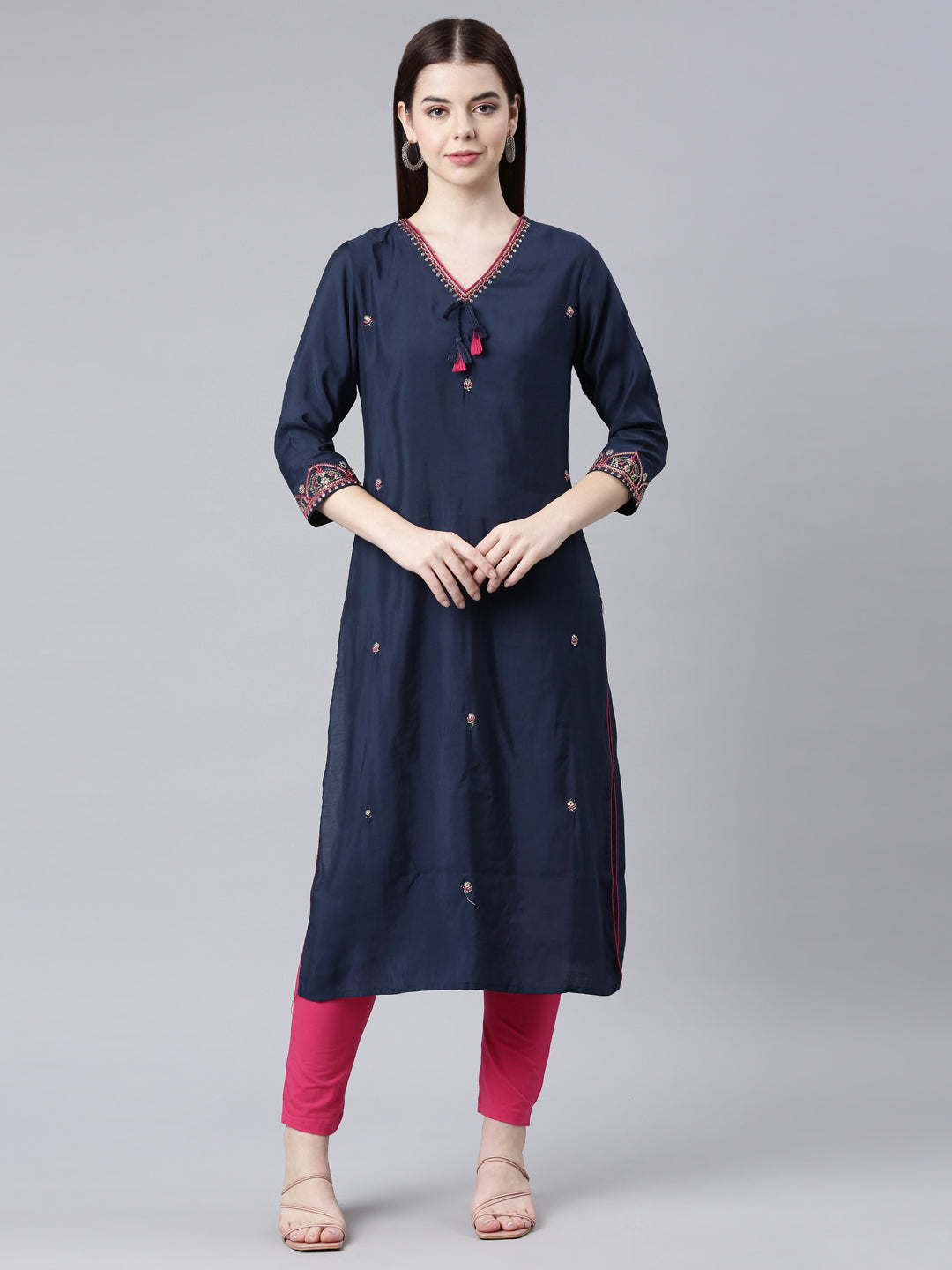 Neerus Blue Shantoon Embellished Straight Kurti - front view