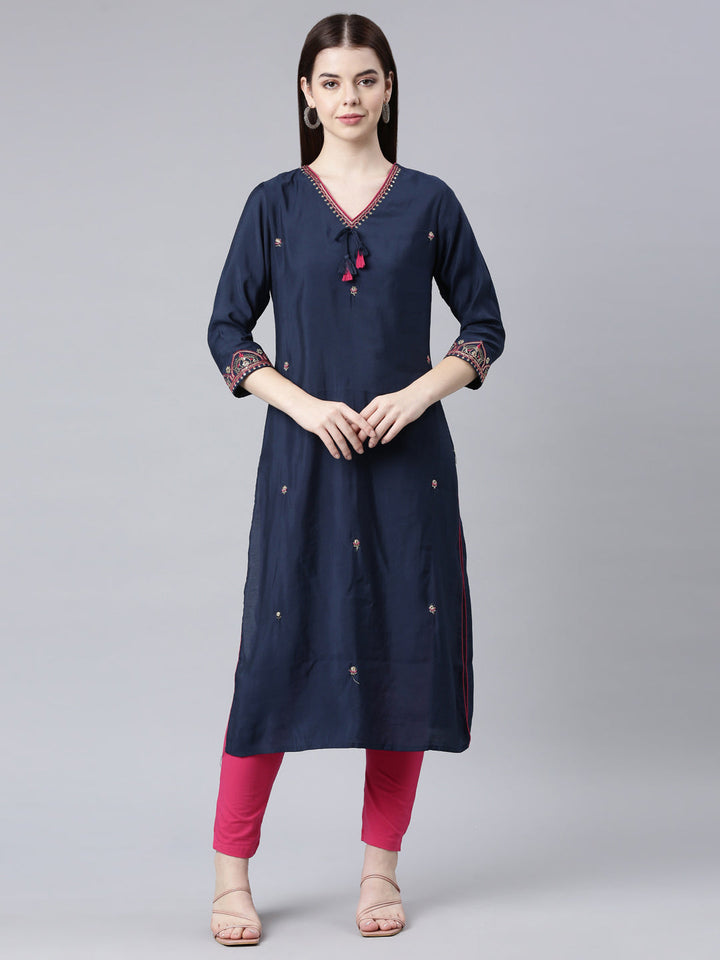 Neerus Blue Shantoon Embellished Straight Kurti - front view
