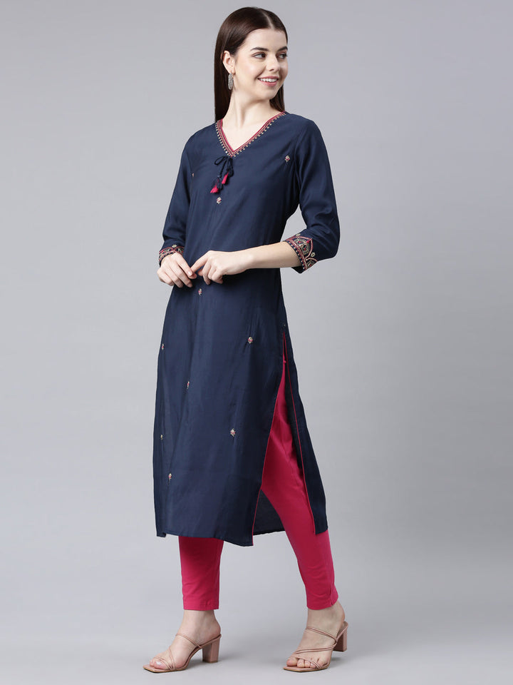 Neerus Blue Shantoon Embellished Straight Kurti - back view