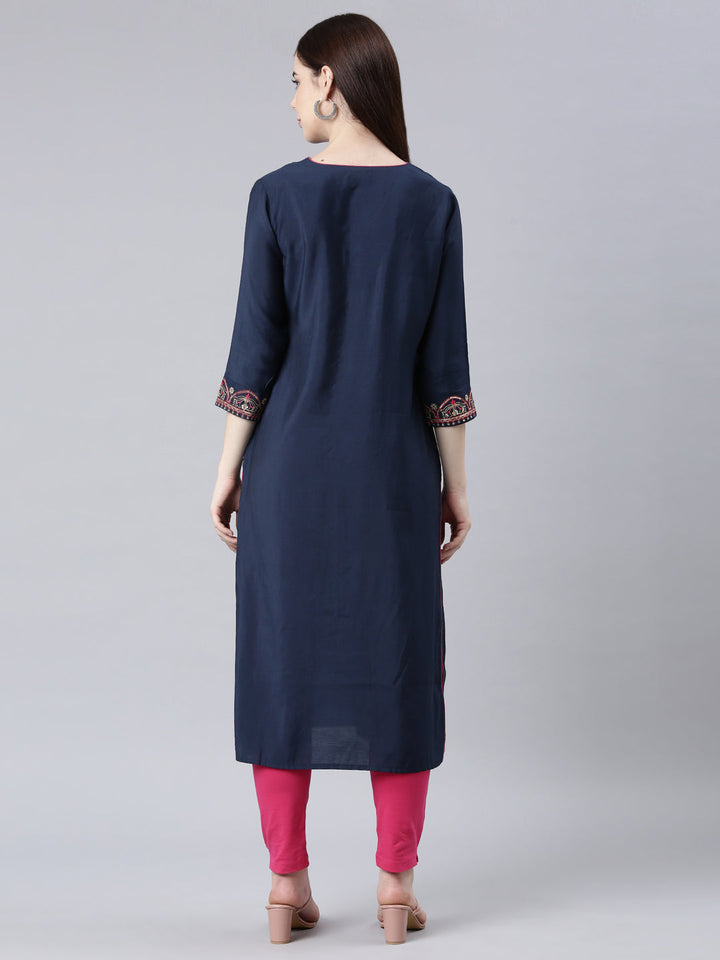 Neerus Blue Shantoon Embellished Straight Kurti - side view