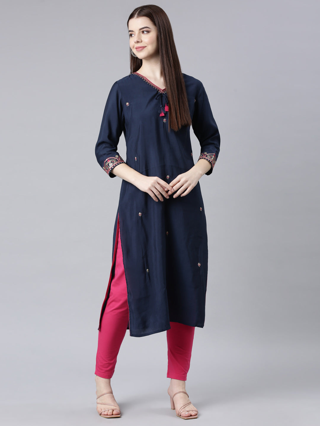 Neerus Blue Shantoon Embellished Straight Kurti - detail view 3