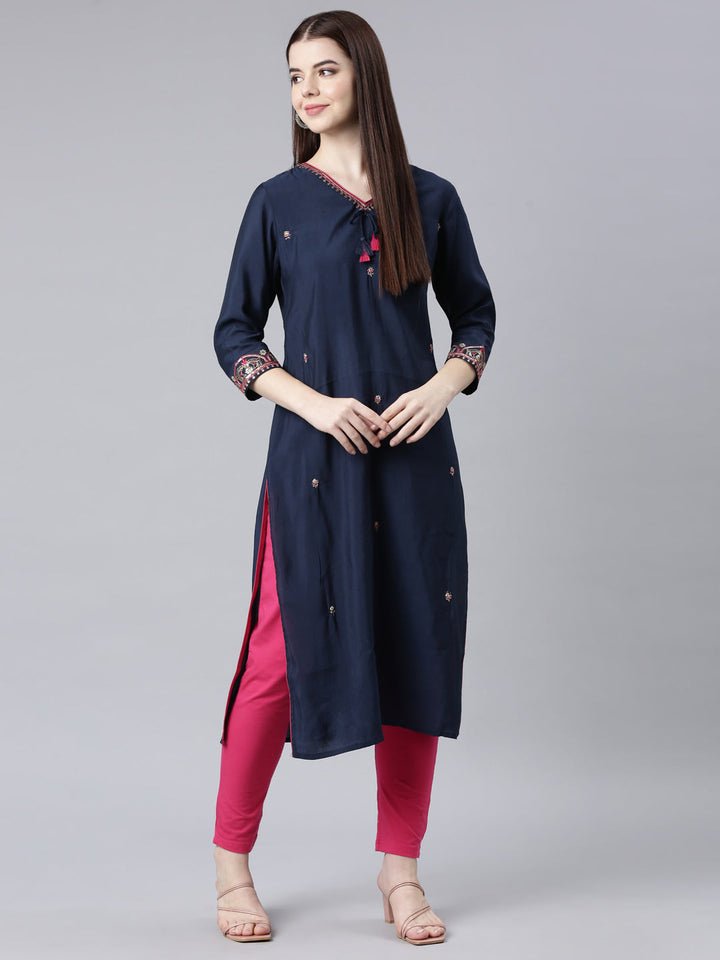 Neerus Blue Shantoon Embellished Straight Kurti - detail view 3