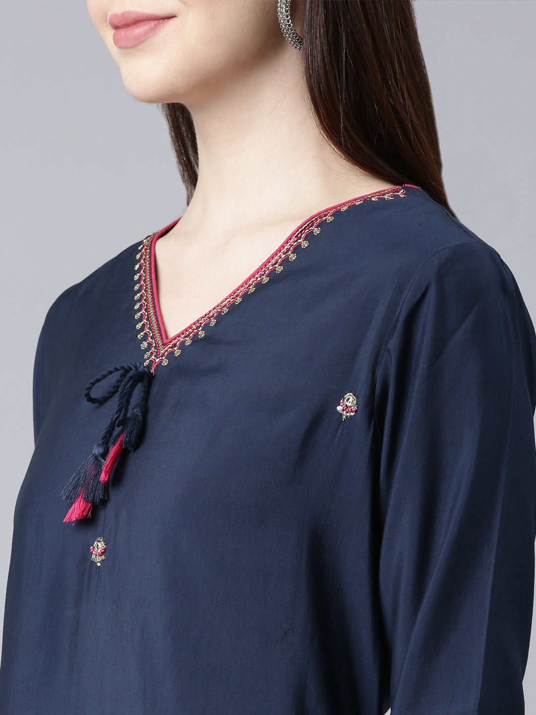 Neerus Blue Shantoon Embellished Straight Kurti - detail view 1